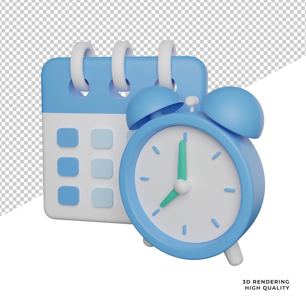 Data del calendario con vista laterale della sveglia icona dell'illustrazione del rendering 3d con sfondo trasparente