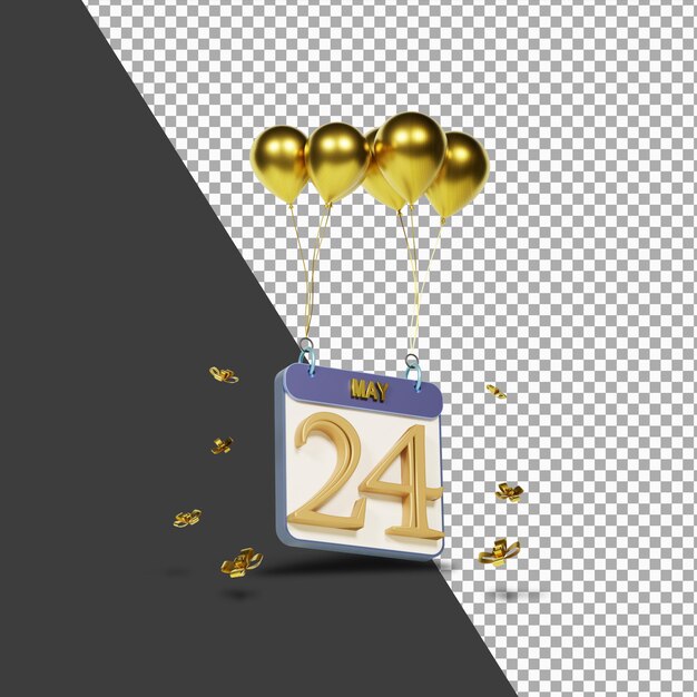 Calendar month april 24st with golden balloons 3d rendering isolated