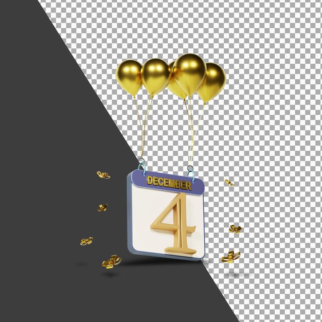 calendar month december 4st with golden balloons 3d rendering isolated