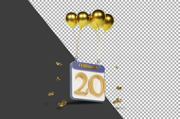 Calendario mese 20 febbraio con palloncini dorati rendering 3d isolato