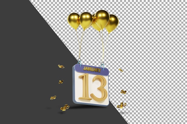 Calendar month january 13st with golden balloons 3d rendering isolated