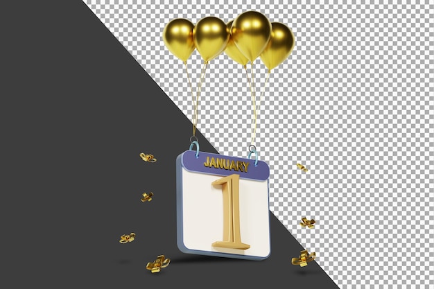 Mese di calendario gennaio 1 con palloncini dorati rendering 3d isolato