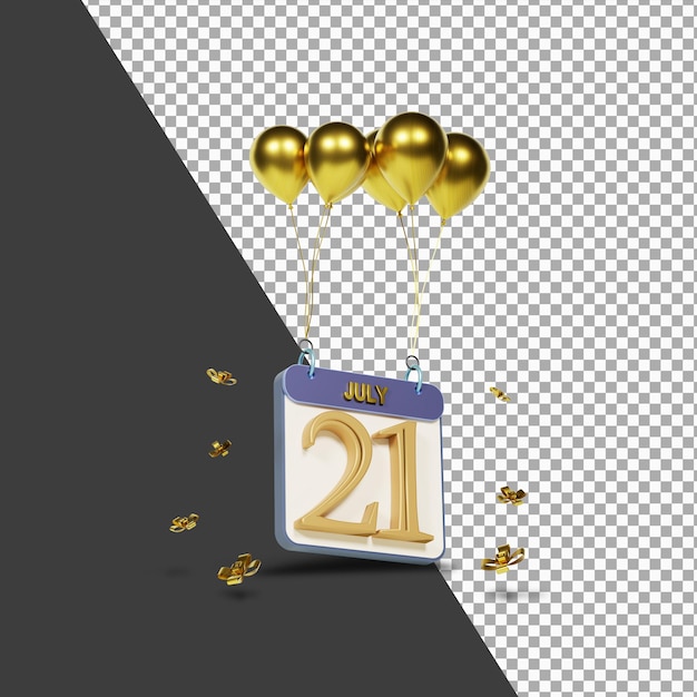 Calendar month july 21st with golden balloons 3d rendering isolated