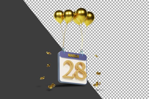 Calendario mese 28 marzo con palloncini dorati rendering 3d isolato