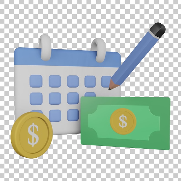 PSD calendar pencil and money 3d illustration