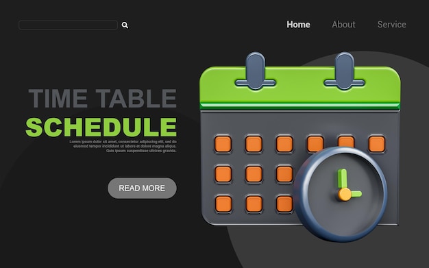 calendar sign with clock on dark background 3d render concept for schedule time management
