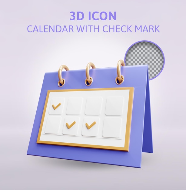 Calendar with check mark 3d rendering illustration