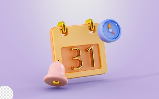 Calendar with clock bell notifications sign 3d render concept for time scheduling alarm