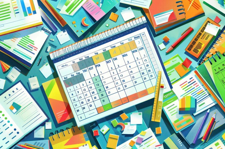 PSD a calendar with colorful sticky notes papers and office supplies