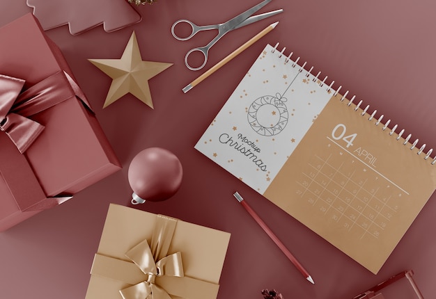 calendar with holiday ornaments mockup