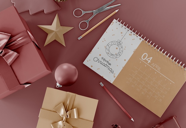 Calendar with holiday ornaments mockup