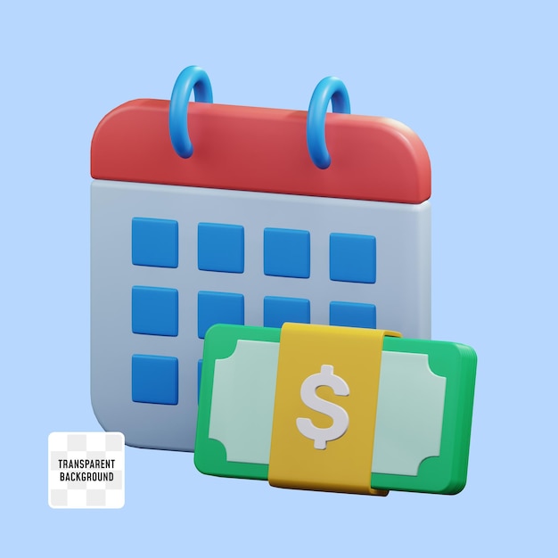 calendar with money bundle for payment salary schedule financial concept 3d render icon illustration design