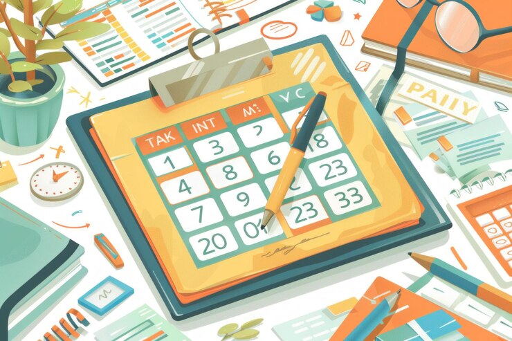 PSD a calendar with a pen on it surrounded by office supplies