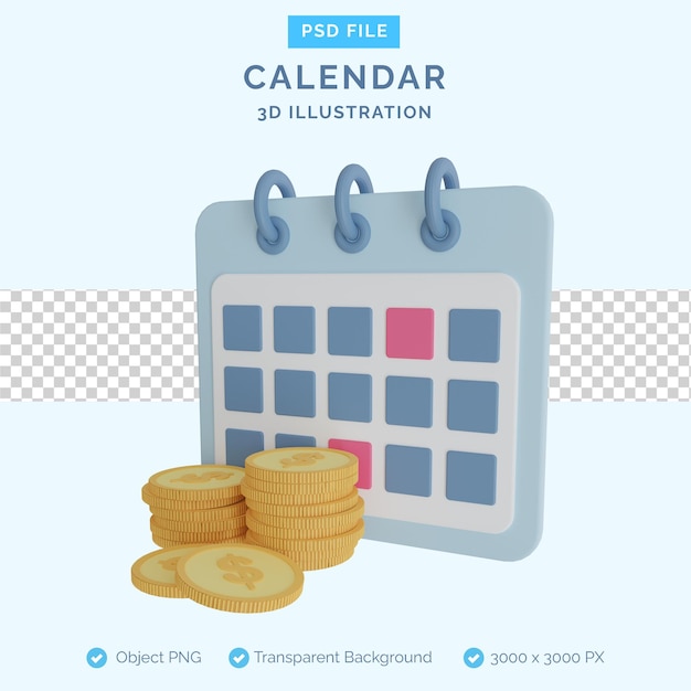 PSD a calendar with stacks of coins 3d illustration