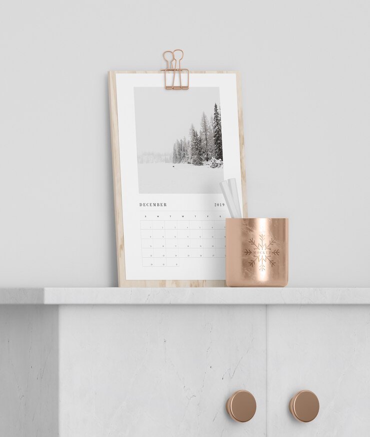 PSD calendar on wooden board on cabinet