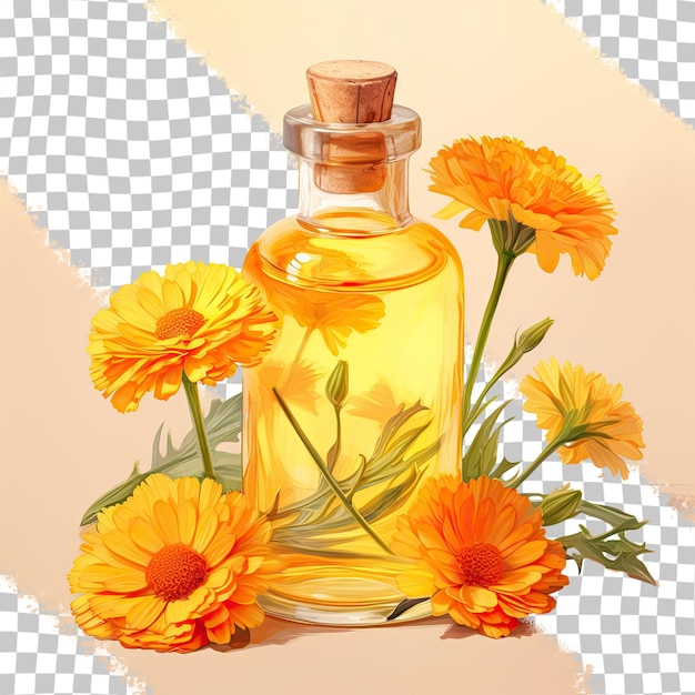 PSD calendula flower in a bottle of marigold oil on a transparent background