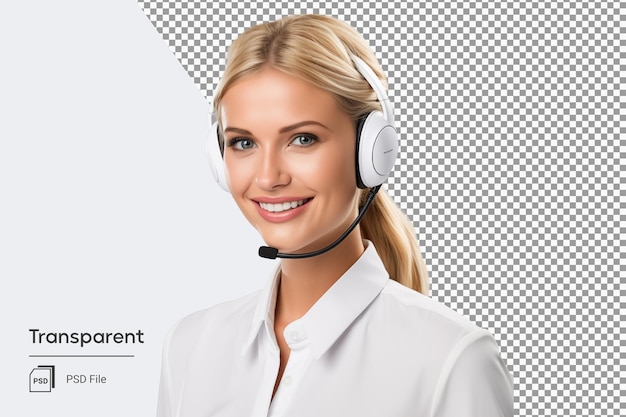 Call center support assistent vrouw in witte kleren met koptelefoon