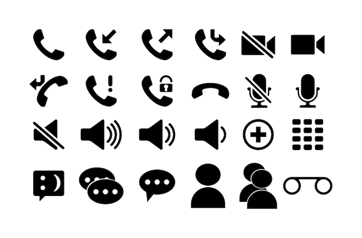 PSD call and communication icons set isolated on white background