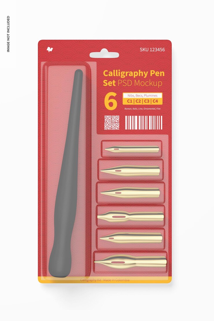 PSD calligraphy pen set mockup, front view