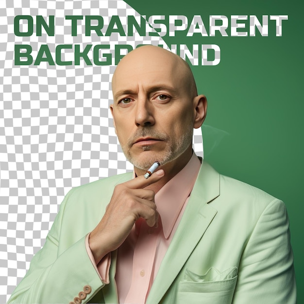 PSD a calm middle aged man with bald hair from the scandinavian ethnicity dressed in hairdresser attire poses in a pensive look with finger on lips style against a pastel green background