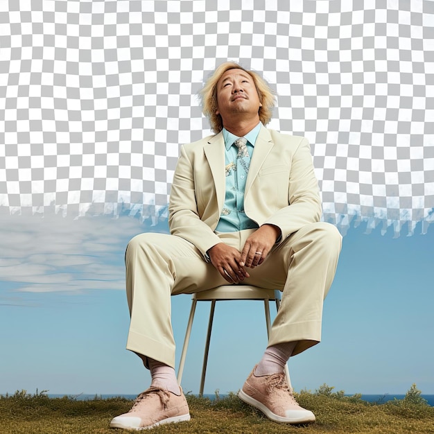 A calm middle aged man with blonde hair from the east asian ethnicity dressed in landscape architect attire poses in a sitting with one leg bent style against a pastel sky blue background