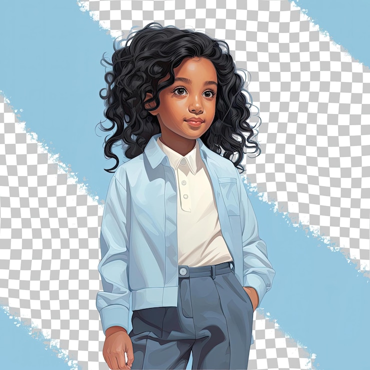 PSD a calm preschooler girl with kinky hair from the east asian ethnicity dressed in reporter attire poses in a relaxed stance with hands in pockets style against a pastel blue background