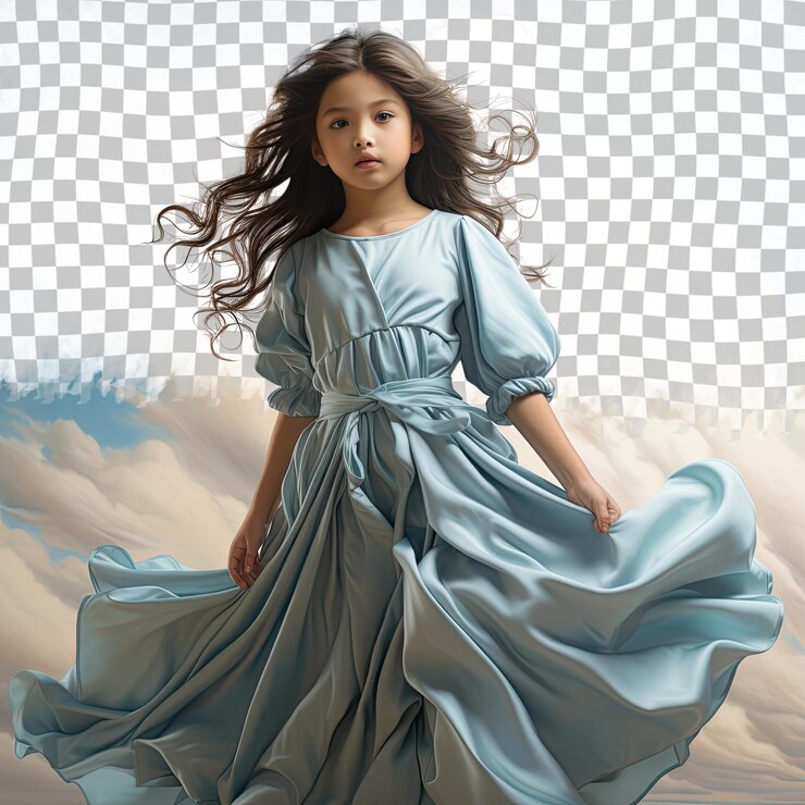 PSD a calm preschooler girl with wavy hair from the southeast asian ethnicity dressed in mathematician attire poses in a full length with flowing dress style against a pastel sky blue background