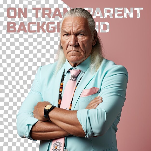 PSD a calm senior man with blonde hair from the aboriginal australian ethnicity dressed in politician attire poses in a crossed arms confidence style against a pastel turquoise background