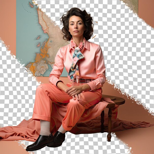 PSD a calm senior woman with kinky hair from the slavic ethnicity dressed in cartographer attire poses in a sitting with one leg bent style against a pastel salmon background