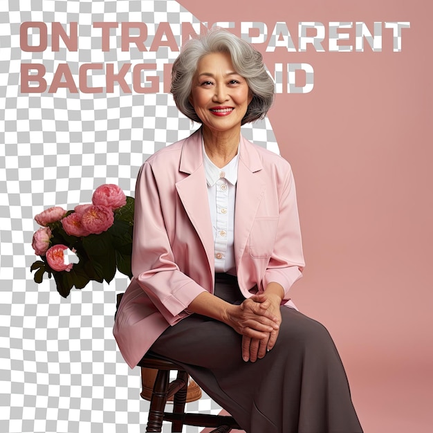 PSD a calm senior woman with wavy hair from the pacific islander ethnicity dressed in politician attire poses in a graceful floor seating style against a pastel rose background