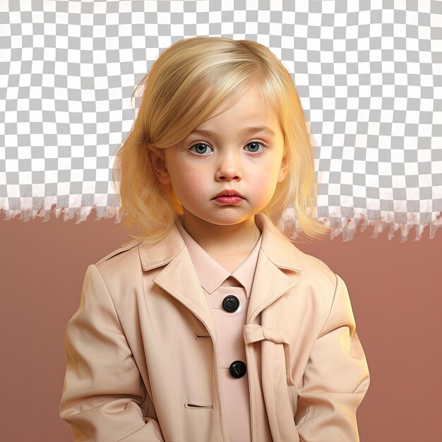 PSD a calm toddler woman with blonde hair from the asian ethnicity dressed in criminalist attire poses in a one shoulder forward style against a pastel apricot background