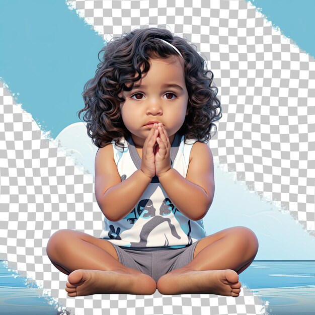 PSD a calm toddler woman with wavy hair from the native american ethnicity dressed in swimming in the pool attire poses in a sitting with hands clasped style against a pastel sky blue background