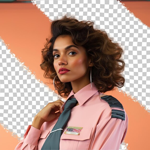 A calm young adult woman with curly hair from the southeast asian ethnicity dressed in air traffic controller attire poses in a one shoulder forward style against a pastel coral background