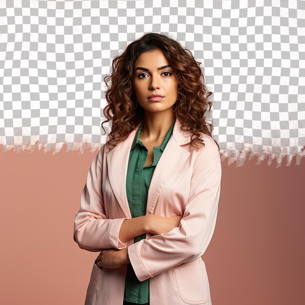 A calm young adult woman with wavy hair from the west asian ethnicity dressed in oncologist attire poses in a serious stance with folded arms style against a pastel coral background