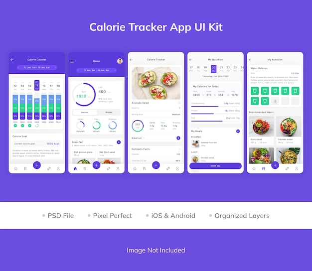 PSD kit dell'interfaccia utente dell'app per il monitoraggio delle calorie