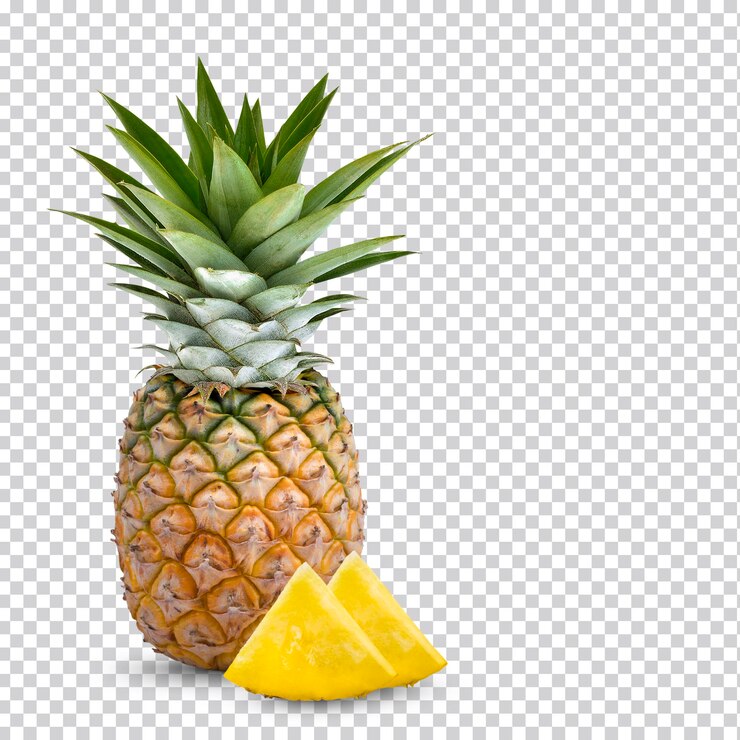 Cały ananas i plaster ananasa. Ananas z liśćmi izolat