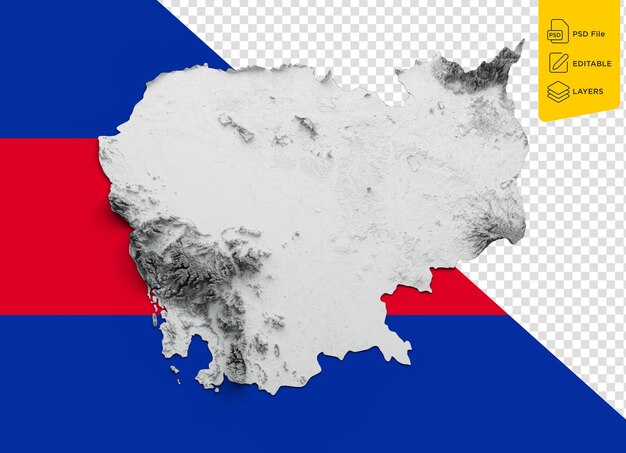 PSD cambodia map flag shaded relief color height map on cambodia flag colors background 3d illustration