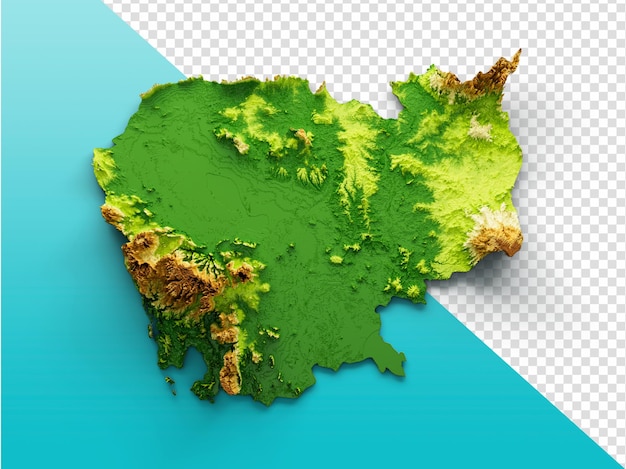 Cambodia Map Shaded relief Color Height map on isolated Background 3d illustration