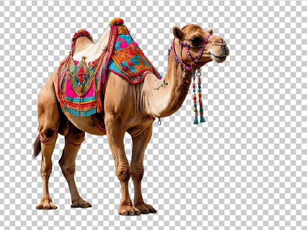 PSD camel decorated with colorful tassels necklaces and beads at the annual desert festival