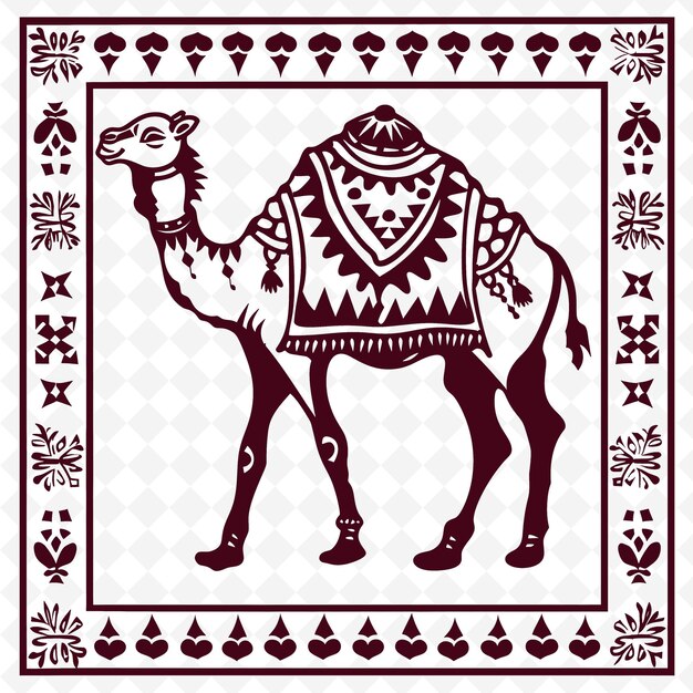 PSD camel line art with arabian patterns and desert elements for outline scribble arts of nature decor