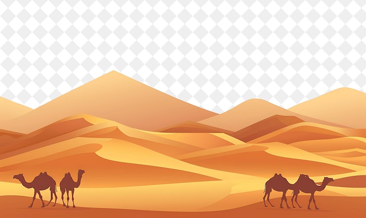 PSD camels in the desert vector art illustration