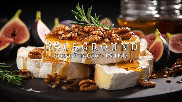 Camembert cheese with honey and walnuts on a black background