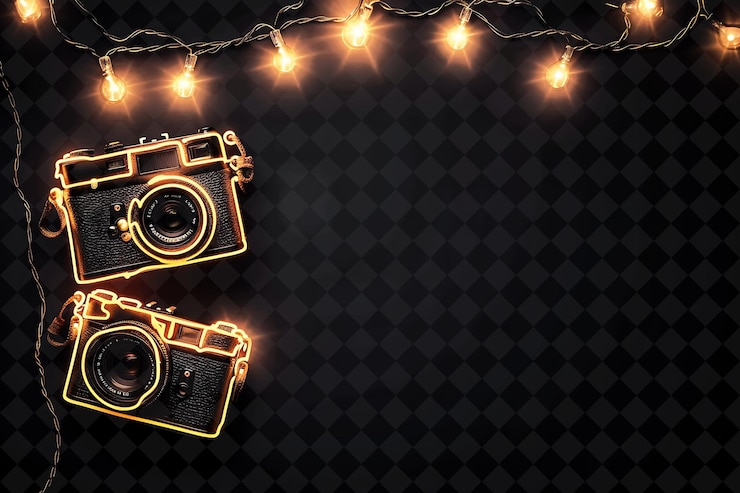 PSD camera on a black background with lights around it