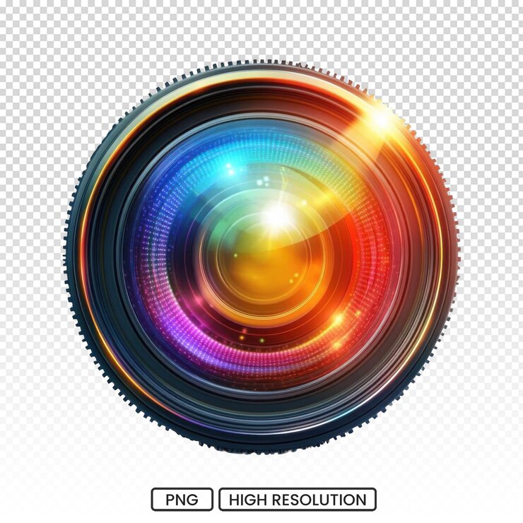 PSD 透明または白い背景に隔離されたレンズフレアを持つカメラレンズ