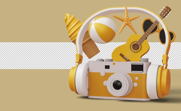 Fotocamera che indossa cuffie con accessorio estivo, stagione estiva, rendering 3d