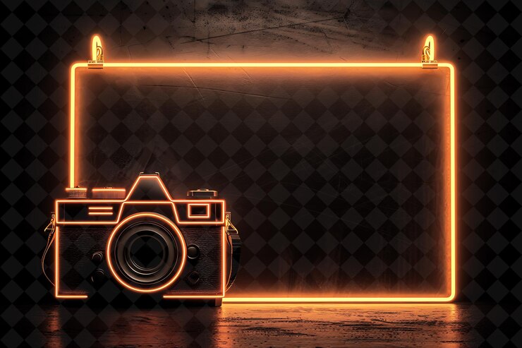 PSD a camera with a bright orange neon around it