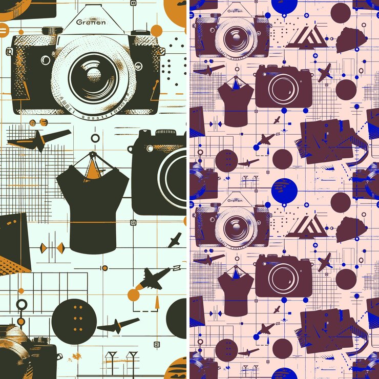 PSD camera with lens silhouette and travel design with grid patt illustration vector pattern designs