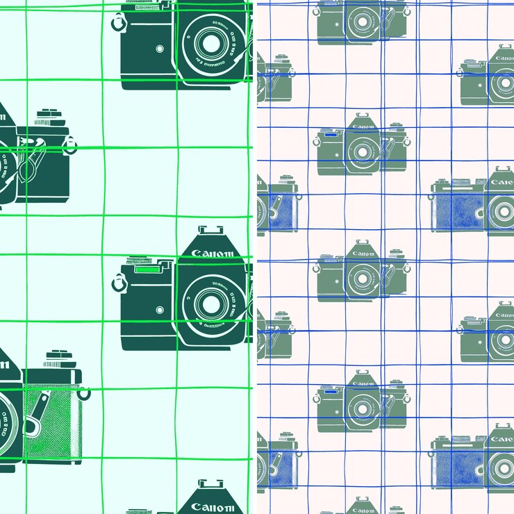 PSD camera with lens silhouette and travel design with grid patt illustration vector pattern designs