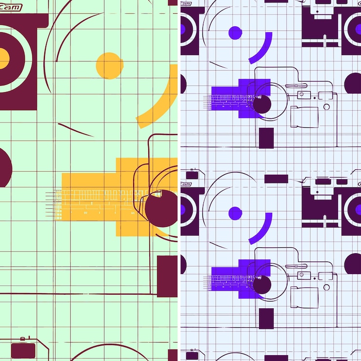 PSD camera with lens silhouette and travel design with grid patt illustration vector pattern designs