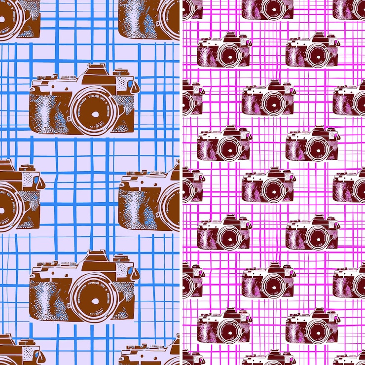 PSD camera with lens silhouette and travel design with grid patt illustration vector pattern designs
